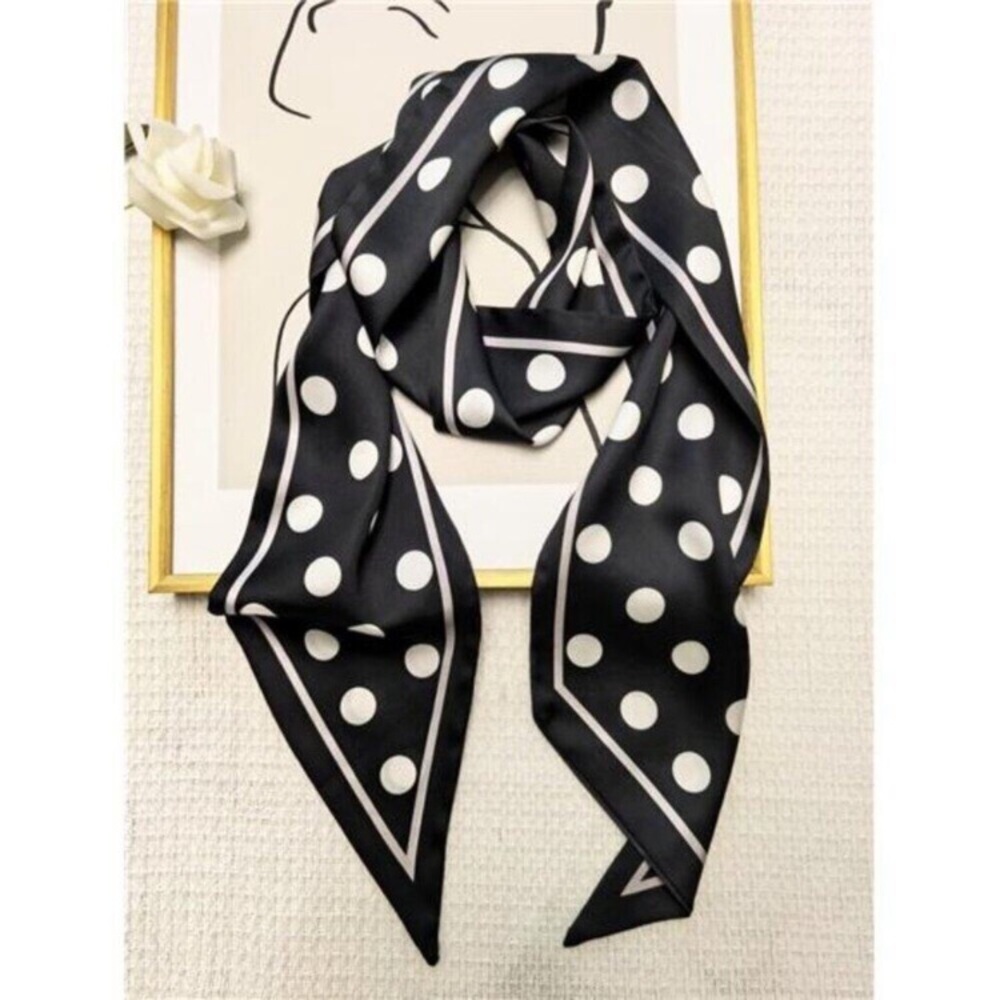 Hair Scarf Black and White Dots Silky Long Neck Head Scarves Purse Bag Scarfs